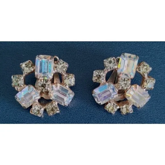 Vintage Mid Century Yellow Rhinestone Starburst Earrings Clip On - Picture 4 of 6